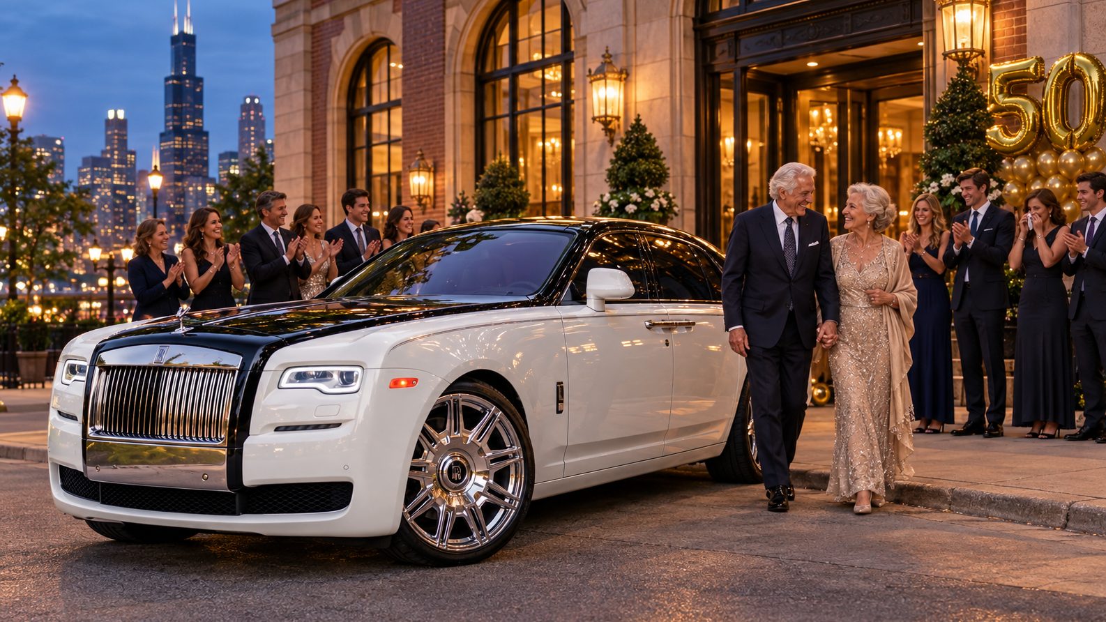 A couple celebrates their 50th anniversary beside a white Rolls-Royce Ghost
