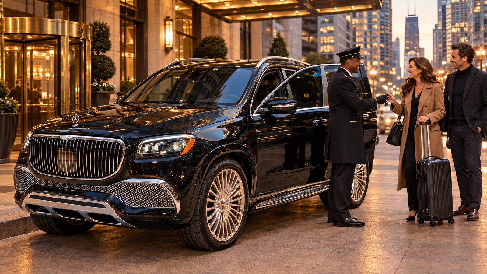 A chauffeur greets travelers beside a black Mercedes-Maybach GLS 600 at a Chicago hotel