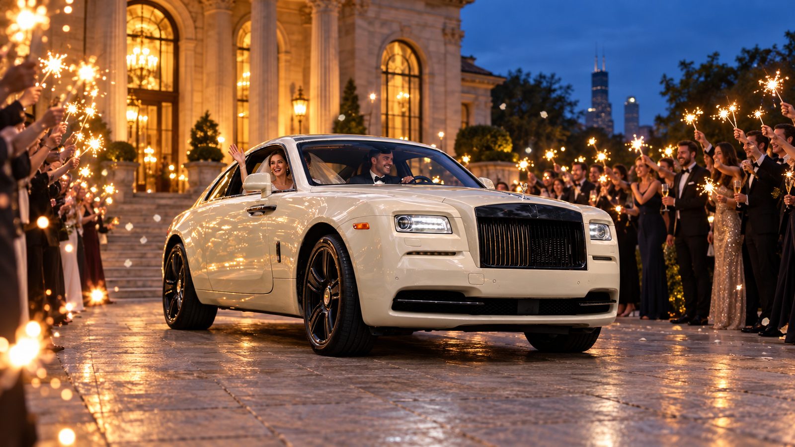 A white Rolls-Royce Wraith at a sparkler wedding send-off