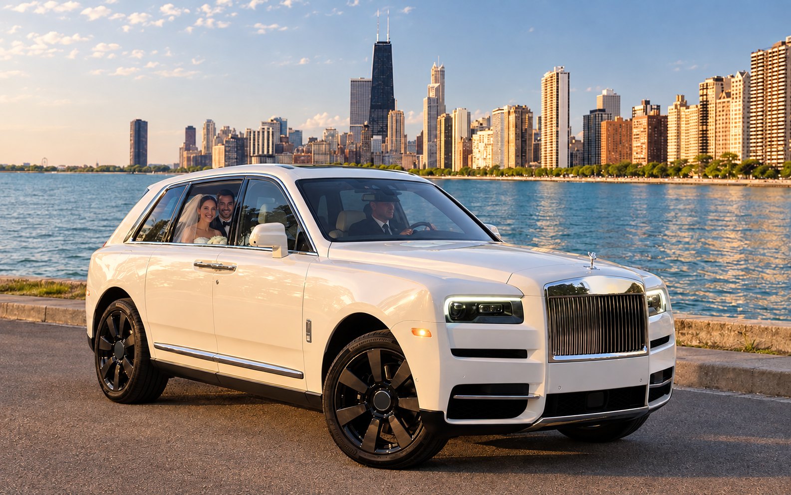 A white Rolls-Royce Cullinan on the lakefront by the Gold Coast skyline