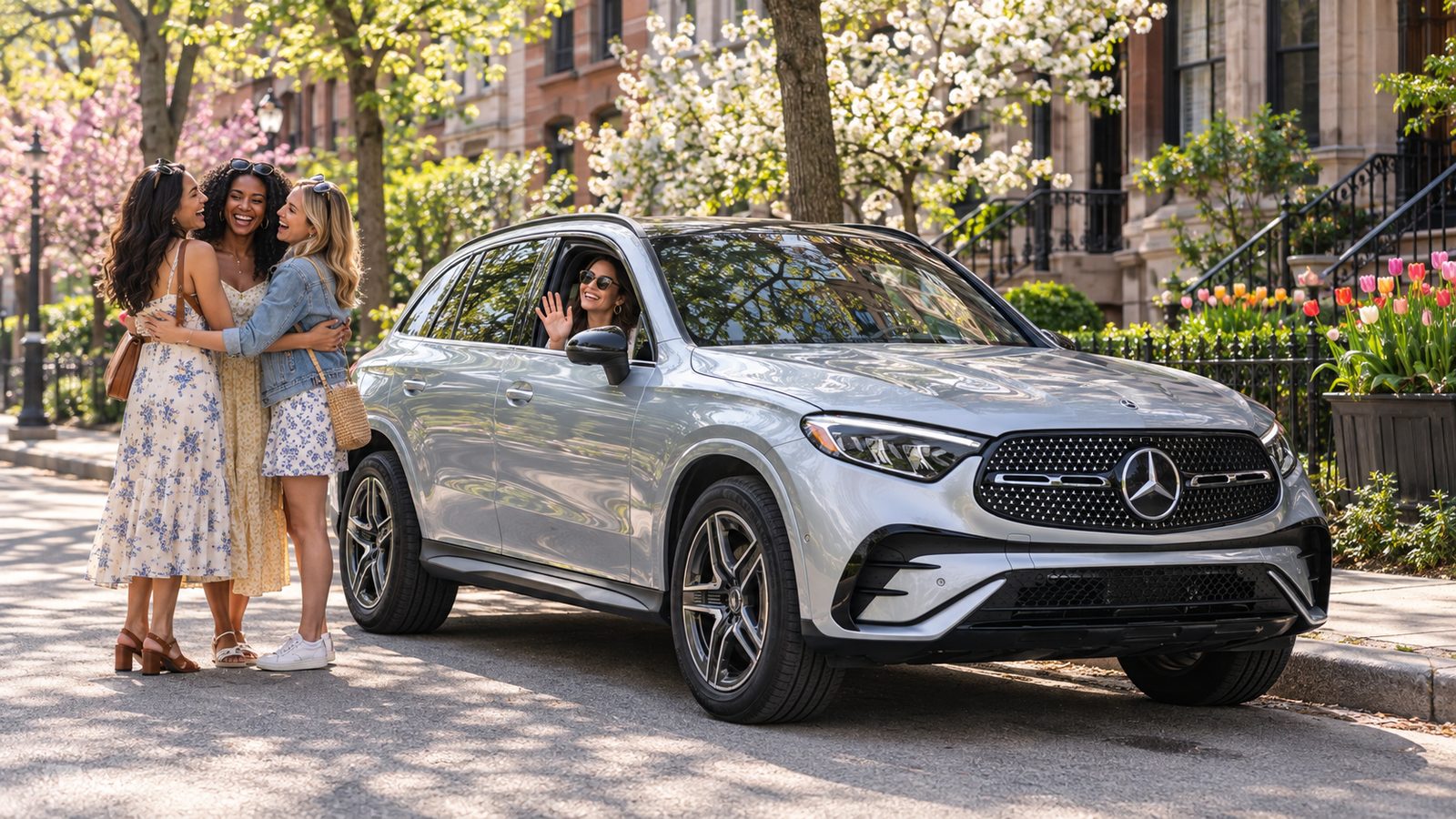 Friends meet for brunch beside a silver Mercedes GLC 300 in Lincoln Park on a spring morning