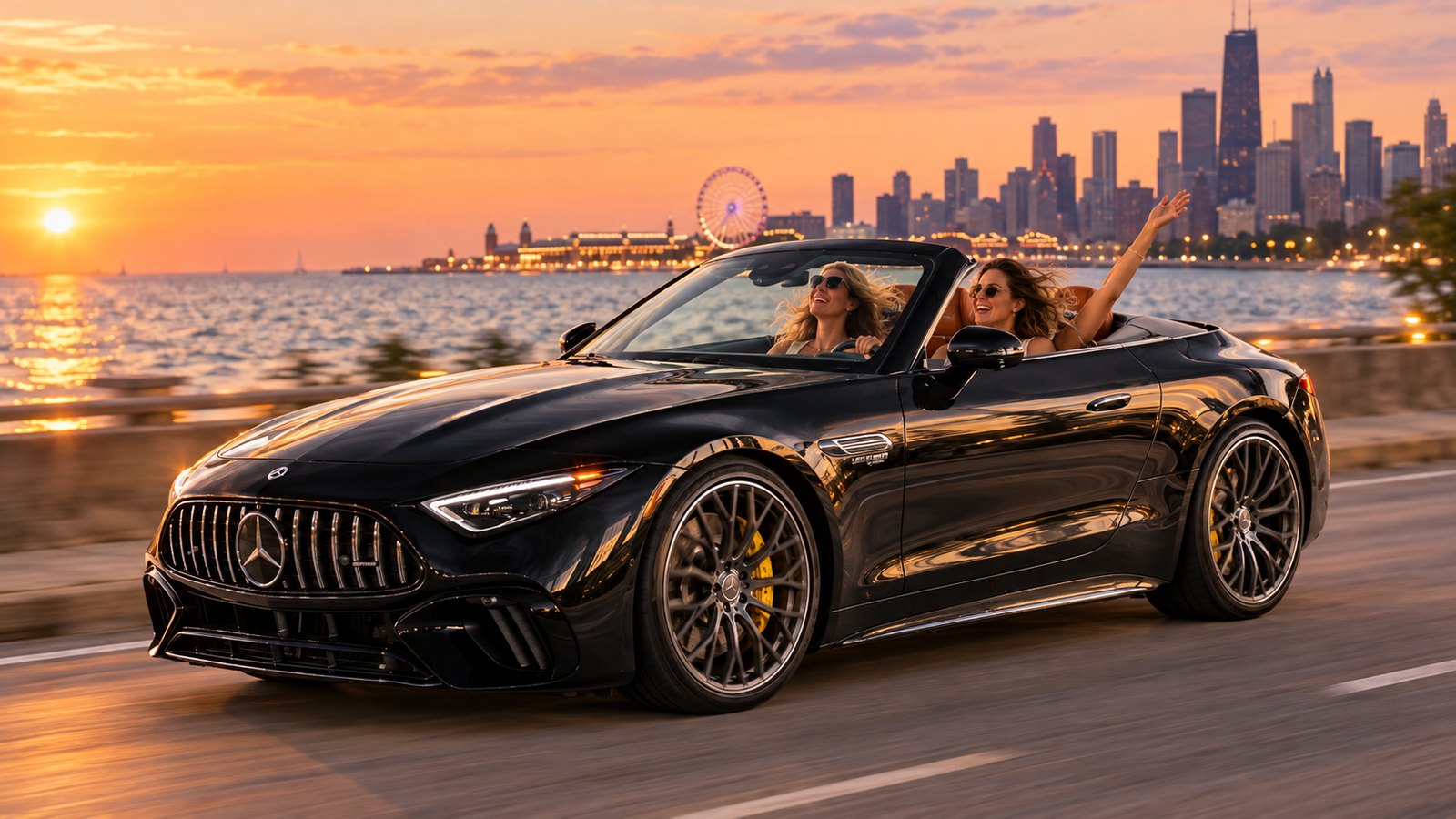Friends in a black Mercedes-AMG SL 55 convertible on the lakefront at sunset, Navy Pier behind