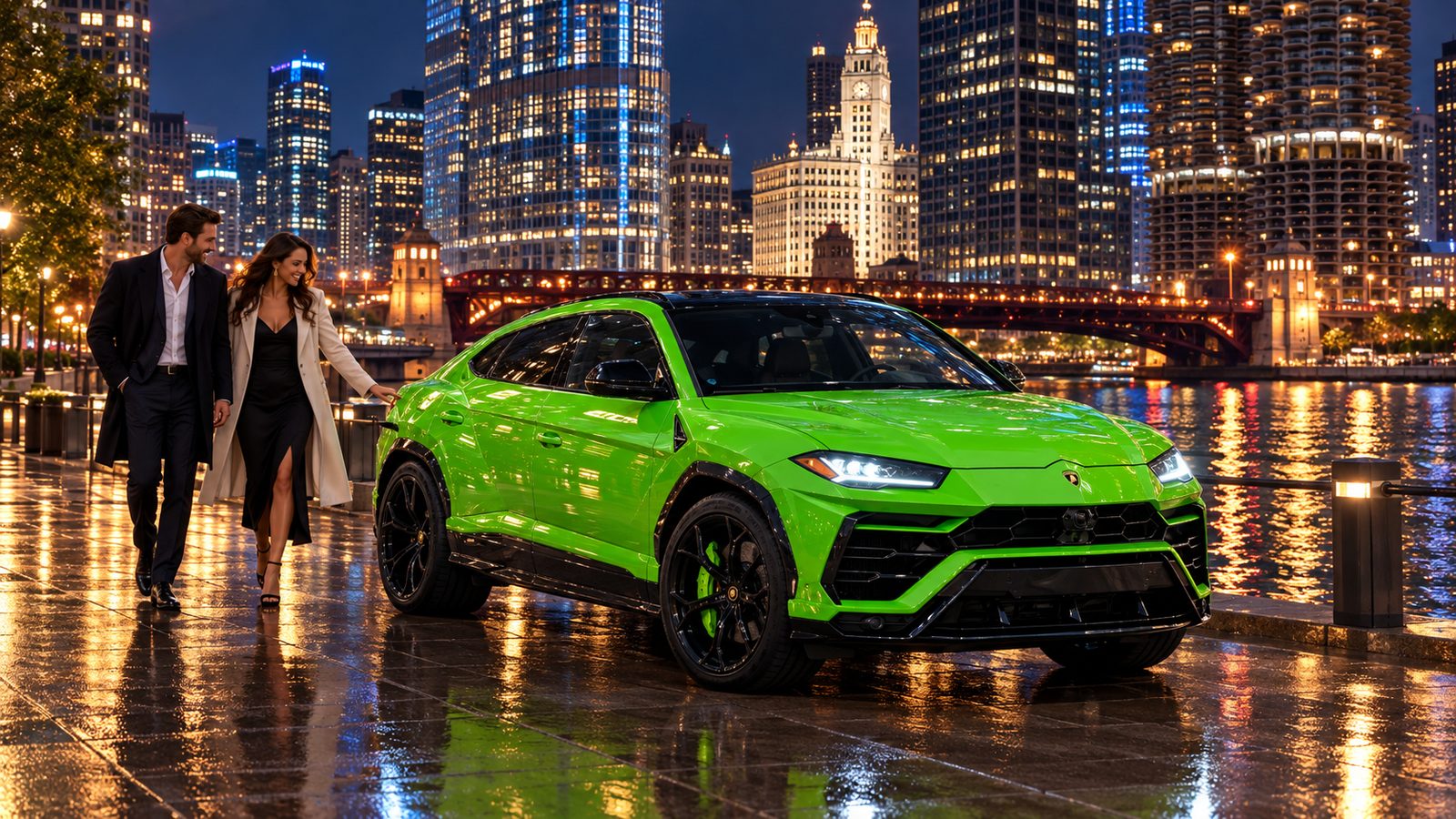 A green Lamborghini Urus on the Chicago Riverwalk at night, couples strolling under the lit towers