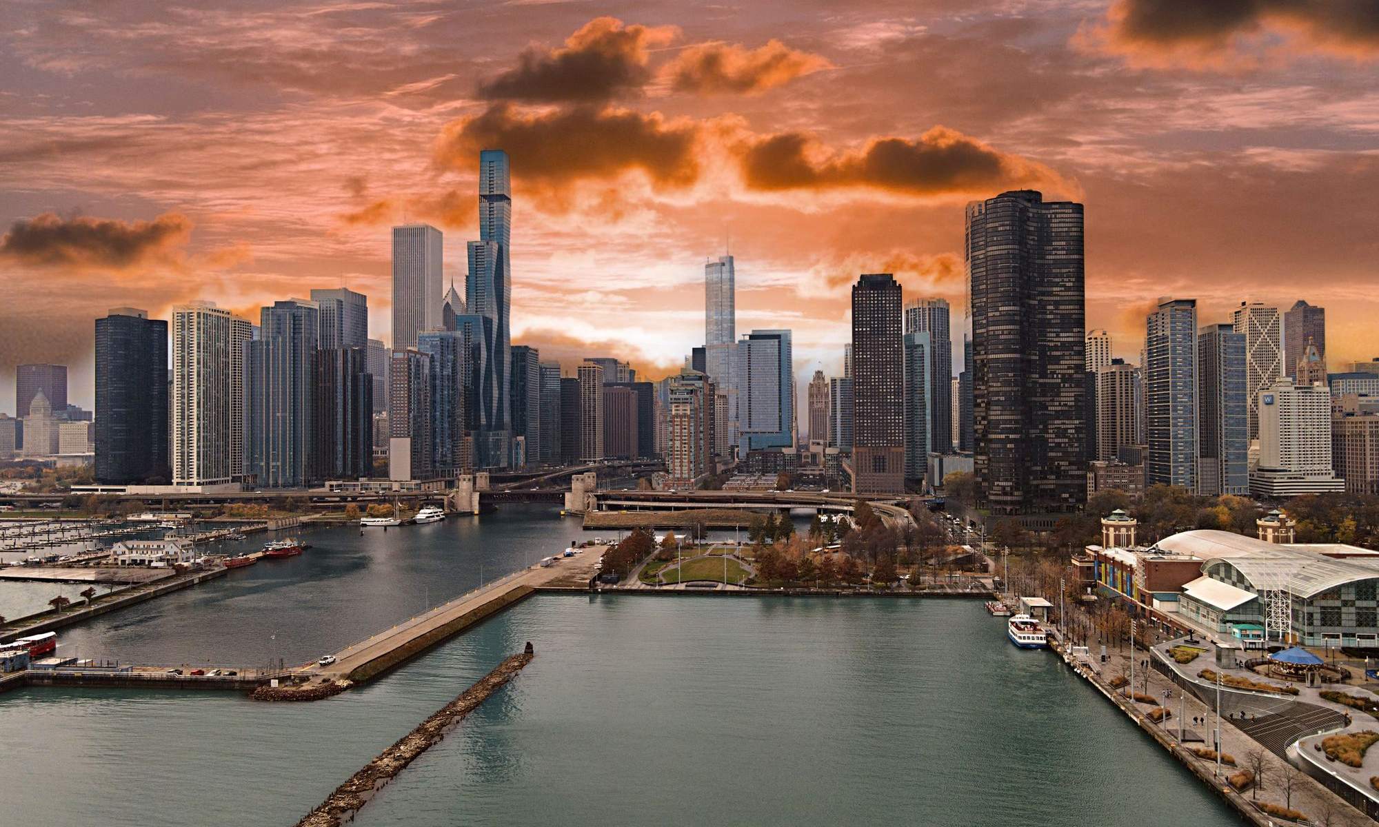 The mouth of the Chicago River and the skyline at sunset